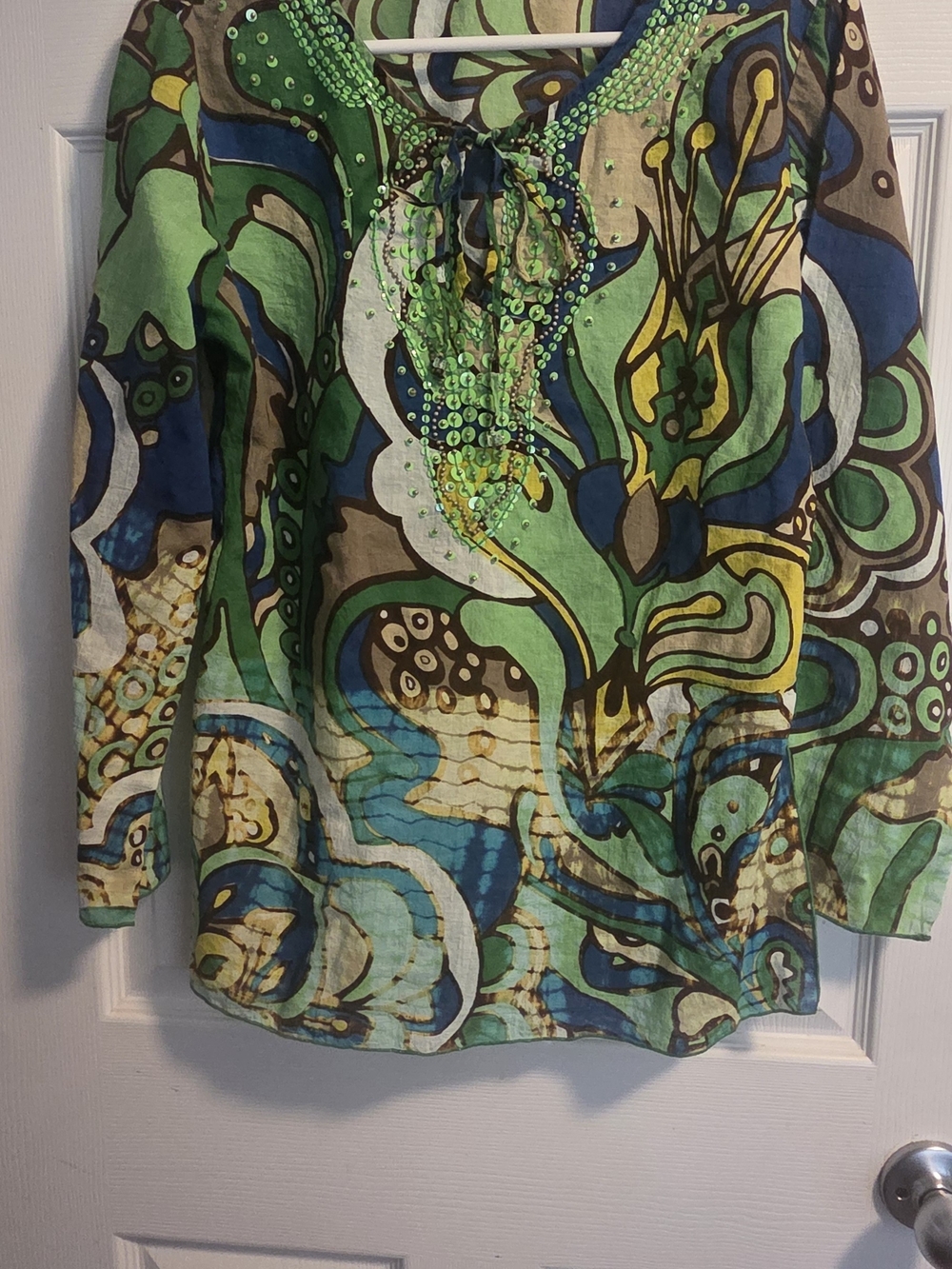 Embellished Green Multicolor Women's Tunic Top Blouse Meduim Boho Made In INDIA